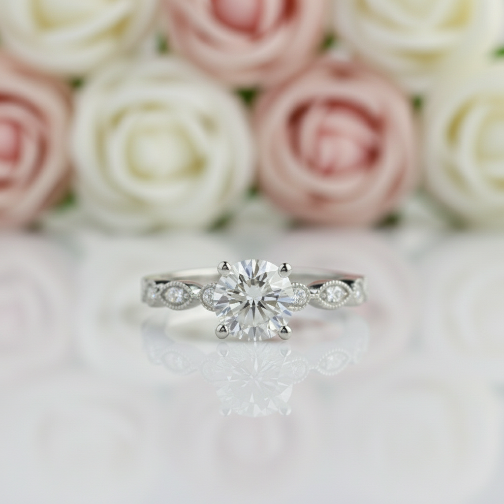 14k White Gold 1.0 Ct Diamond Option Antique Milgrain Engagement Ring-Black Diamonds New York