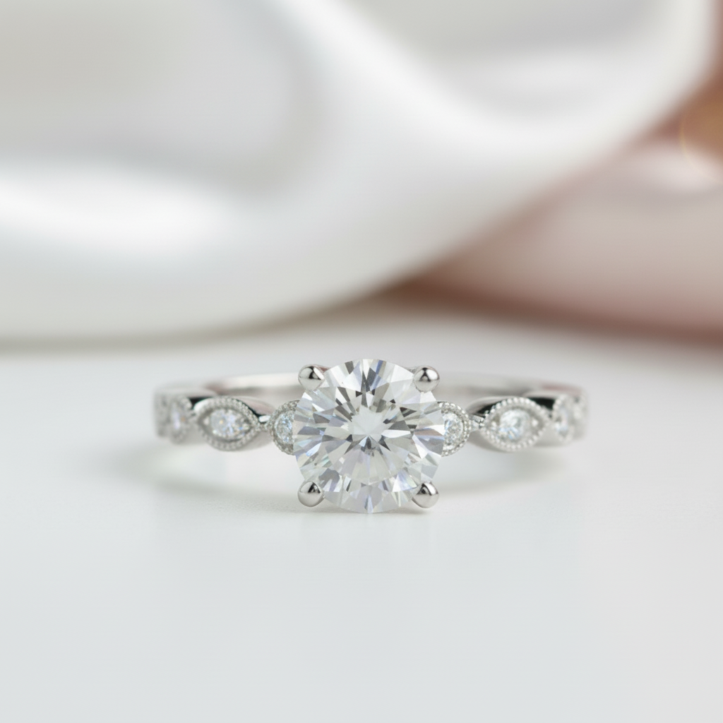 14k White Gold 1.0 Ct Diamond Option Antique Milgrain Engagement Ring-Black Diamonds New York