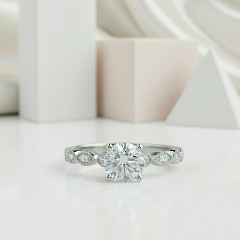 14k White Gold 1.0 Ct Diamond Antique Milgrain Engagement Ring-Black Diamonds New York