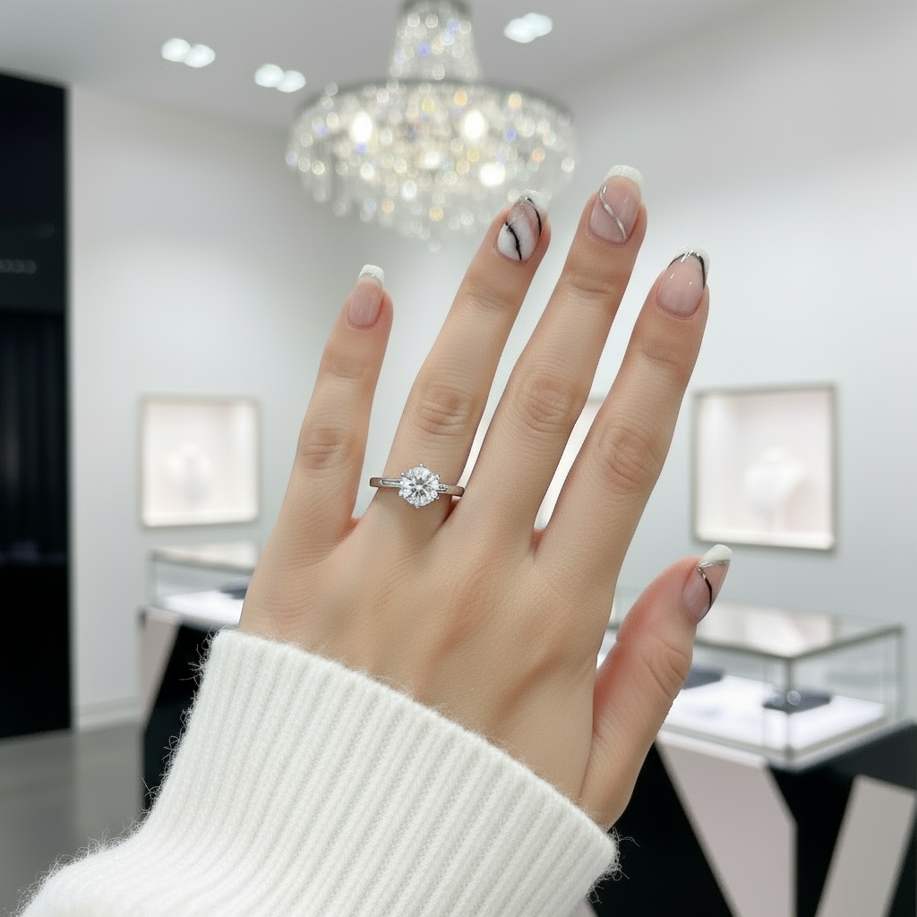 14k White Gold 1ct Diamond 6 Claws Engagement Ring-Black Diamonds New York