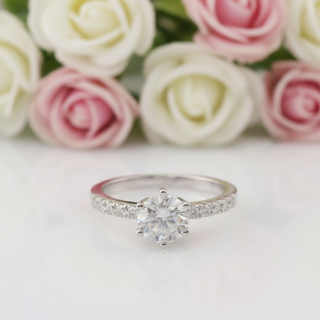 14k White Gold 1.0 Ct Round Cut Diamond Classic 6 Prong Engagement Ring-Black Diamonds New York