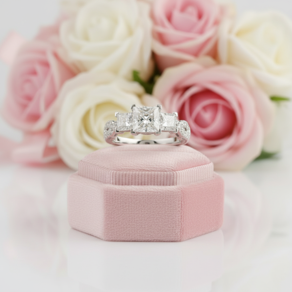 14k White Gold 2.1 Ct 3 Stone Princess Cut Diamond Option Engagement Ring-Black Diamonds New York