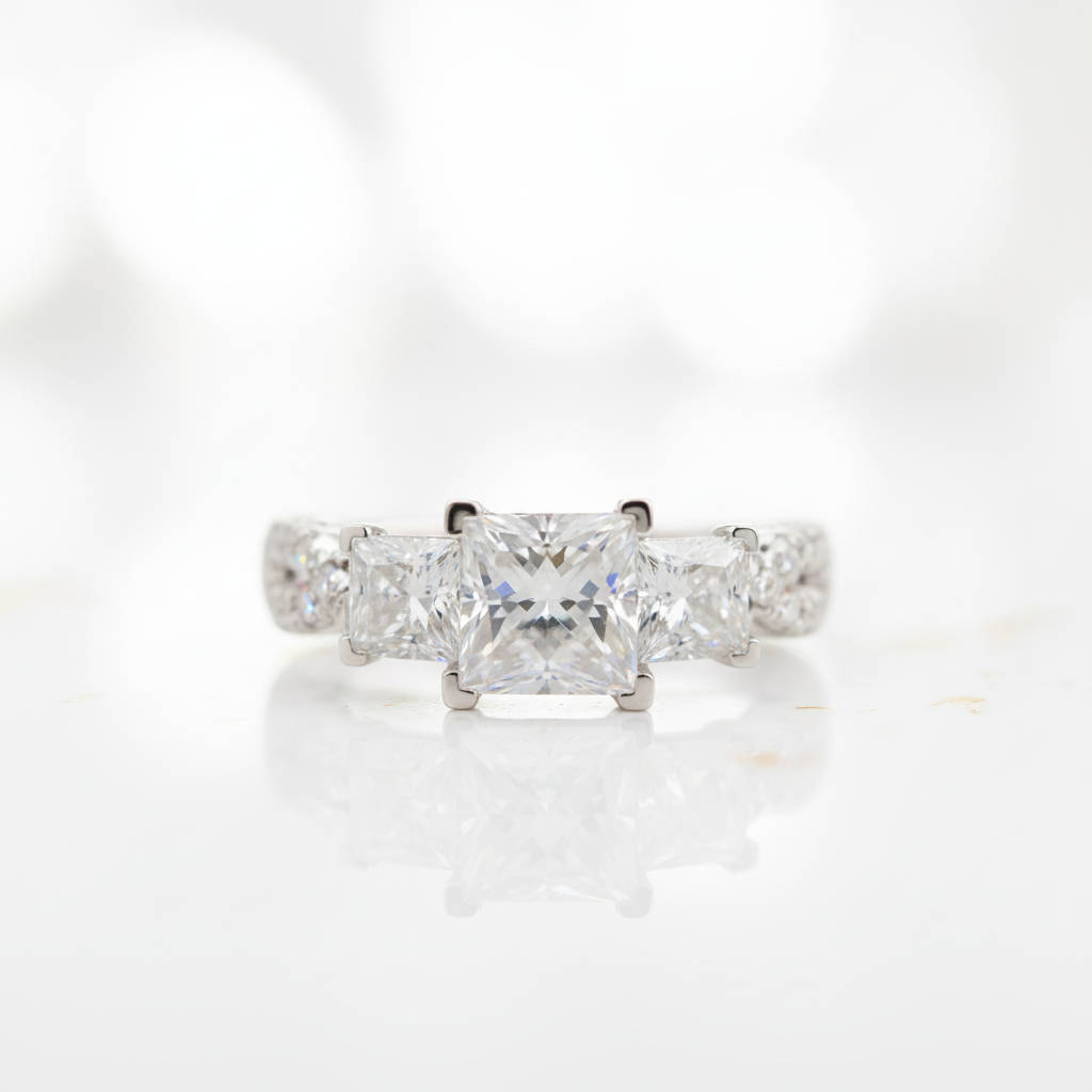 14k White Gold 2.1 Ct 3 Stone Princess Cut Diamond Option Engagement Ring-Black Diamonds New York