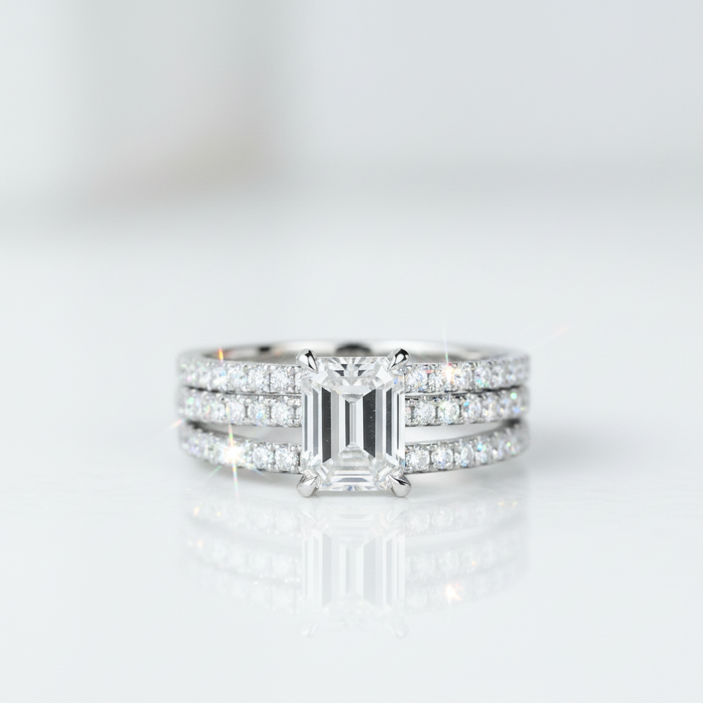 14k White Gold 2.0 Ct Emerald Cut Diamond Option Hidden Halo Engagement Ring Set-Black Diamonds New York