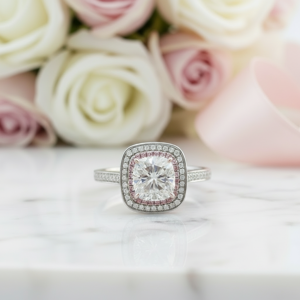 14k White Gold 2ct Diamond Double Halo Engagement Ring-Black Diamonds New York