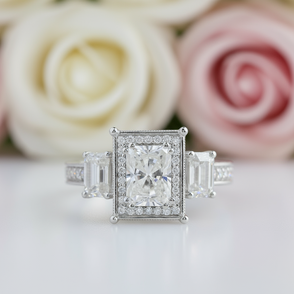 14k White Gold 2.0 Ct Radiant Cut Diamond 3 Stone Halo Engagement Ring-Black Diamonds New York