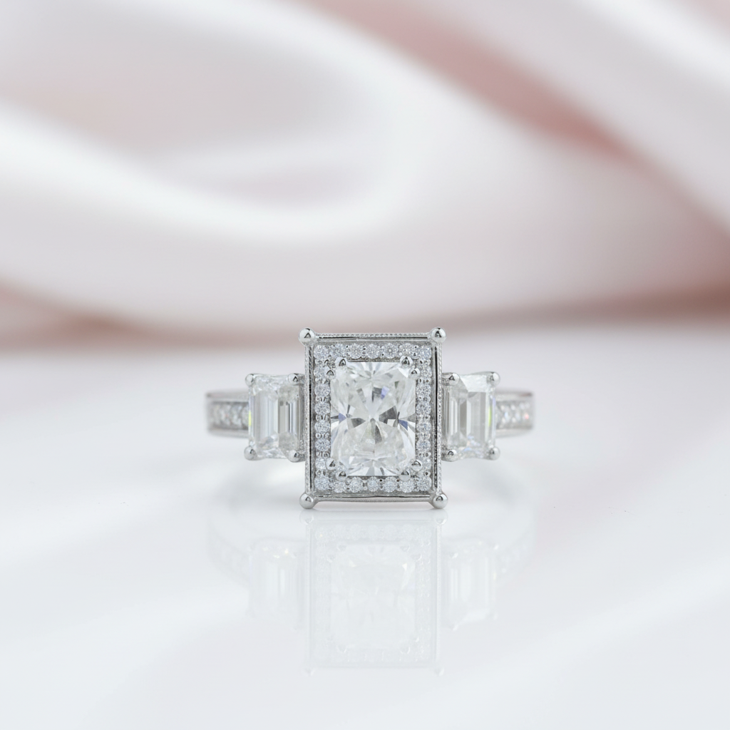 14k White Gold 2.0 Ct Radiant Cut Diamond Option 3 Stone Halo Engagement Ring-Black Diamonds New York