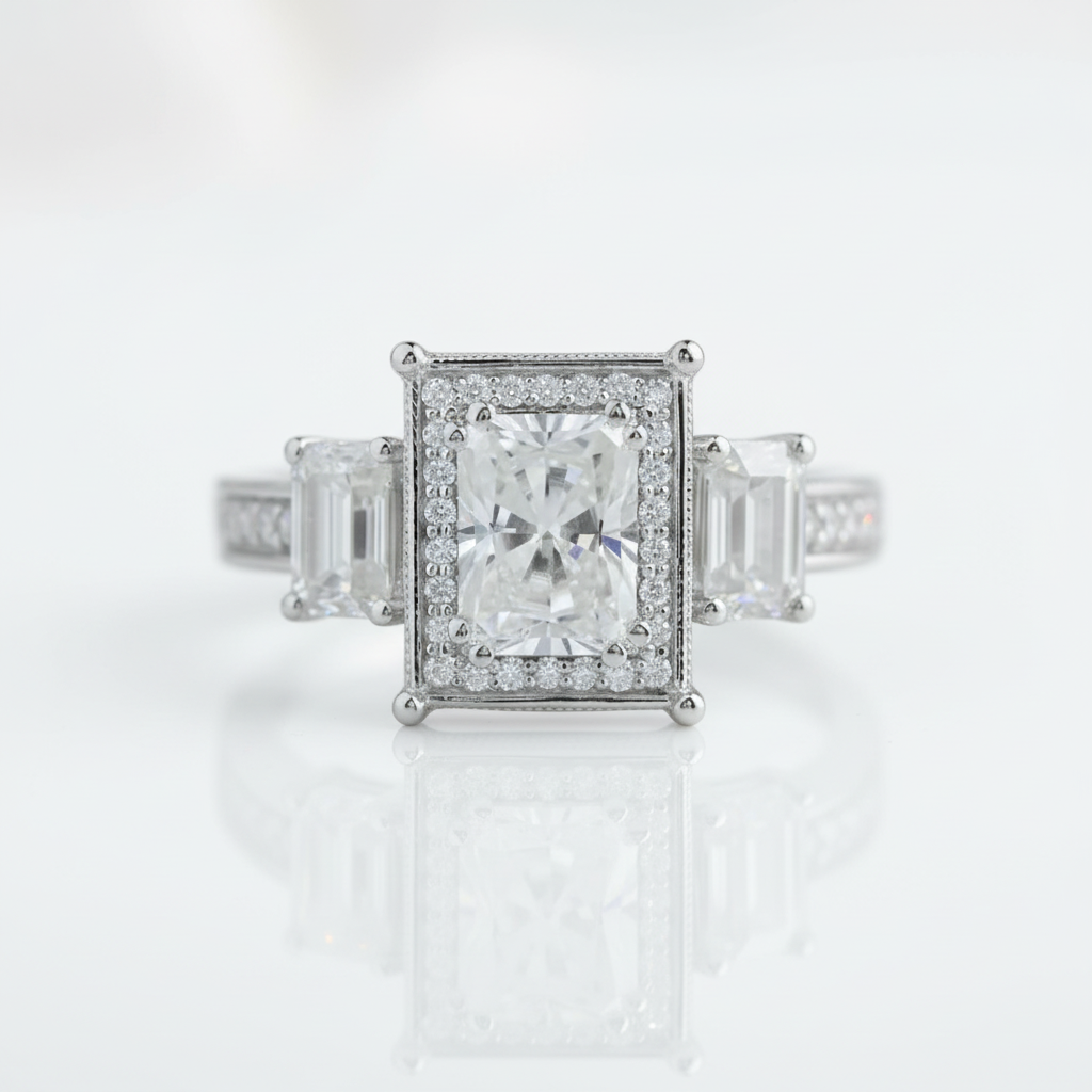 14k White Gold 2.0 Ct Radiant Cut Diamond Option 3 Stone Halo Engagement Ring-Black Diamonds New York