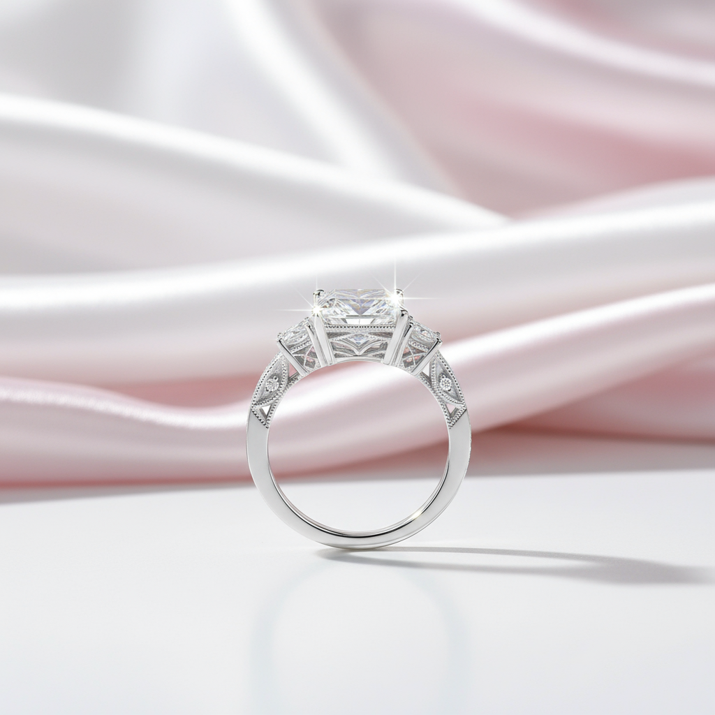 14k White Gold 2.0 Ct Radiant Cut Diamond Option 3 Stone Halo Engagement Ring-Black Diamonds New York