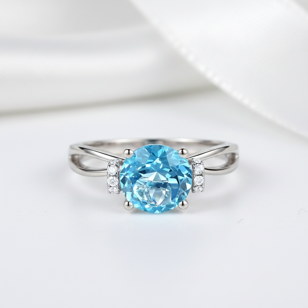 14k White Gold 2ct Swiss Blue Topaz Diamond Option Ring-Black Diamonds New York