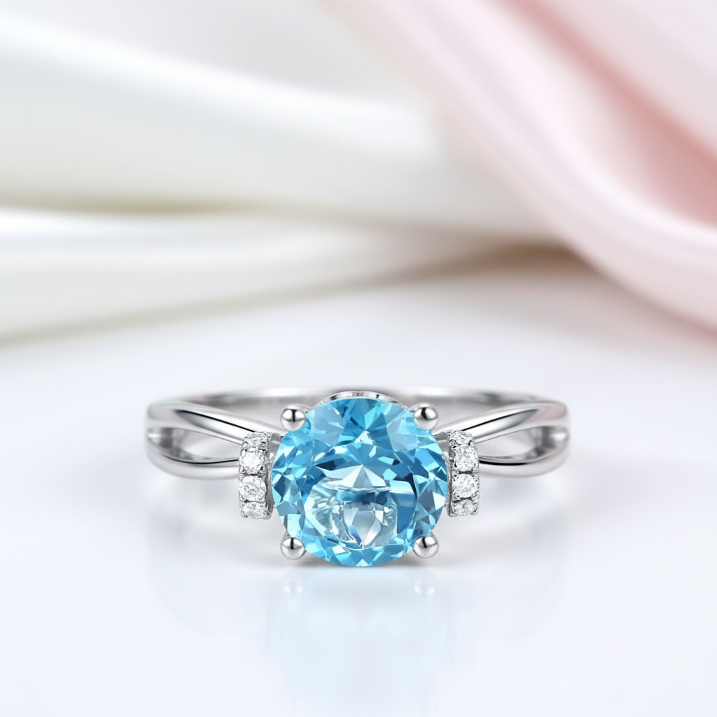 14k White Gold 2ct Swiss Blue Topaz Diamond Option Ring-Black Diamonds New York