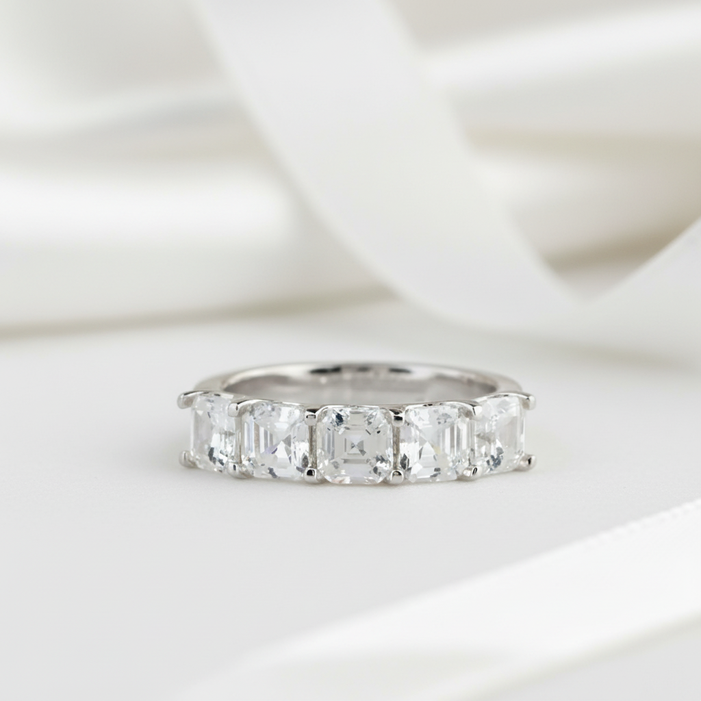 14k White Gold 3.0 Ct Asscher Cut Diamond Option Half Eternity Wedding Band-Black Diamonds New York