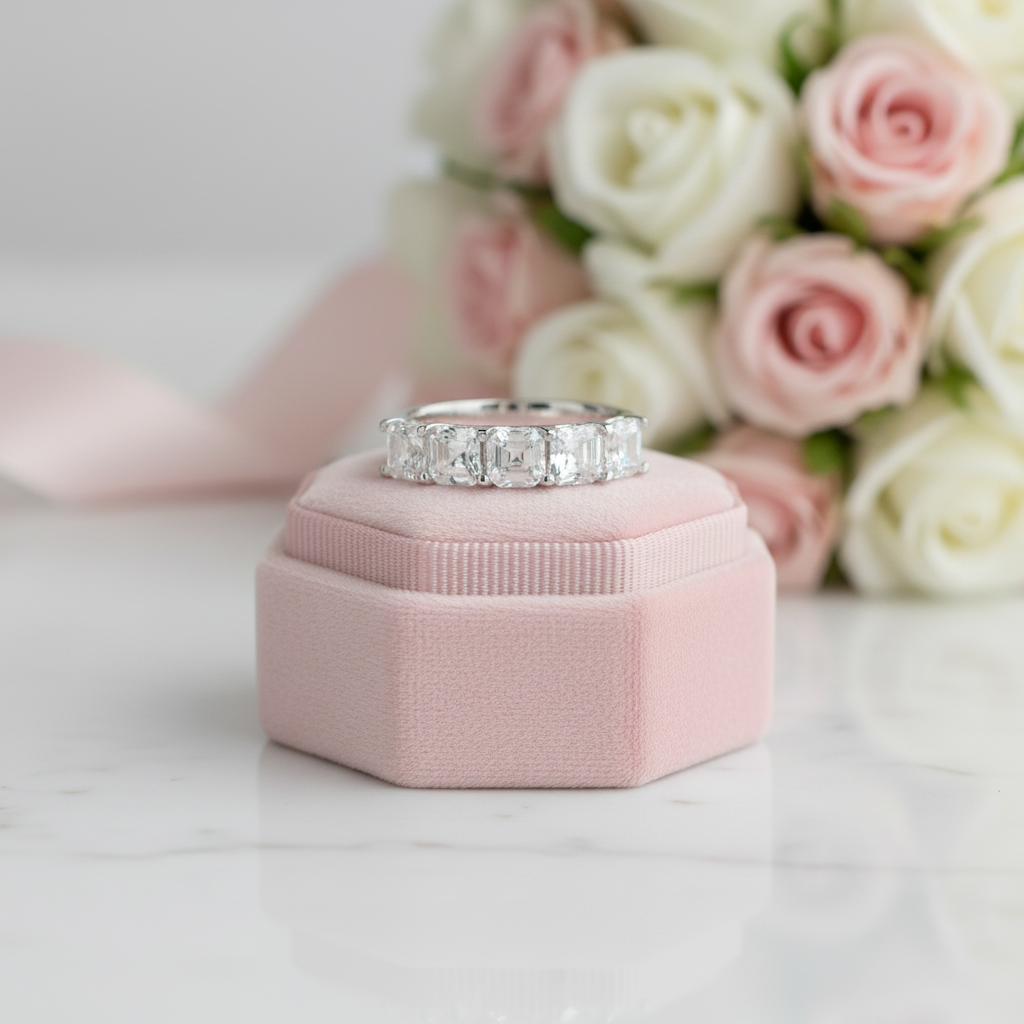 14k White Gold 3.0 Ct Asscher Cut Diamond Option Half Eternity Wedding Band-Black Diamonds New York