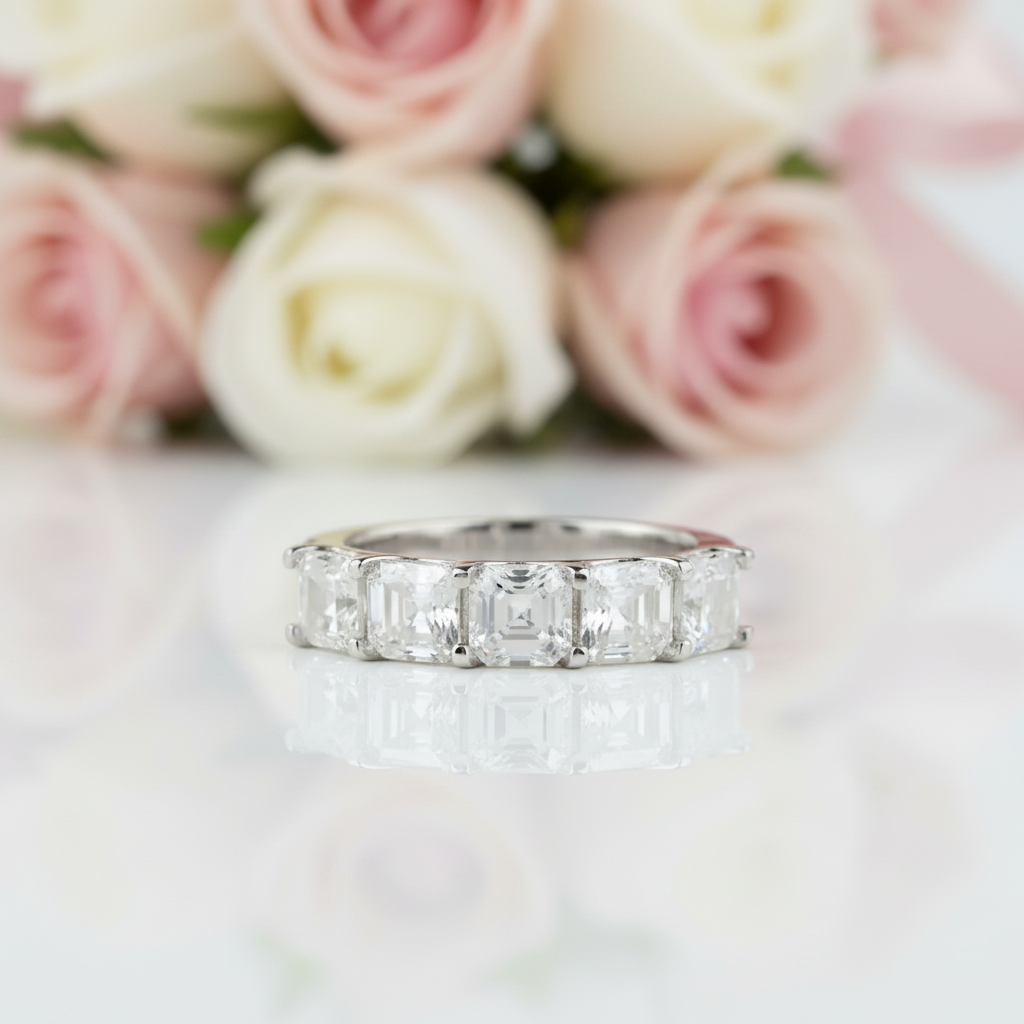 14k White Gold 3.0 Ct Asscher Cut Diamond Option Half Eternity Wedding Band-Black Diamonds New York
