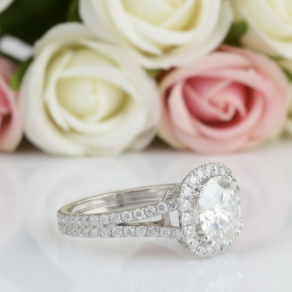 14k White Gold 3ct 9mm Diamond Halo Engagement Ring-Black Diamonds New York