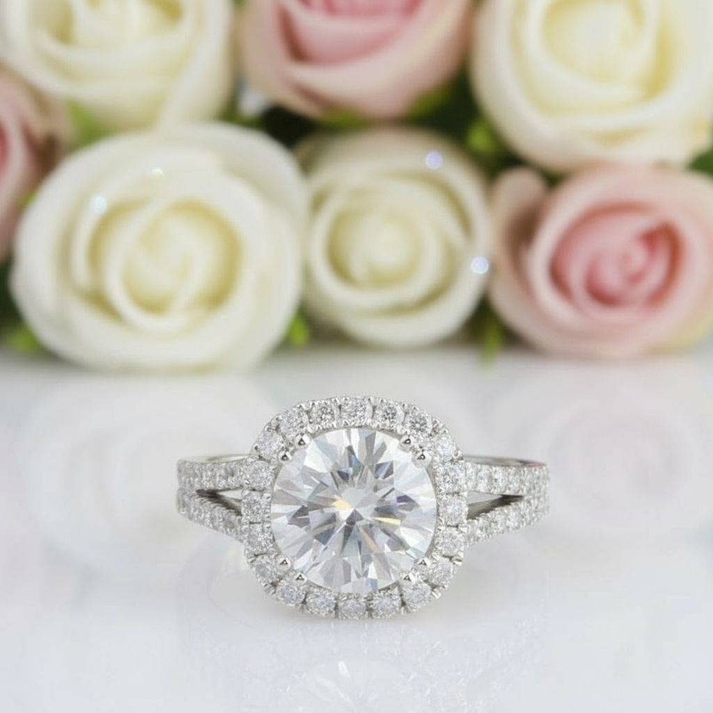 14k White Gold 3ct 9mm Diamond Halo Engagement Ring-Black Diamonds New York