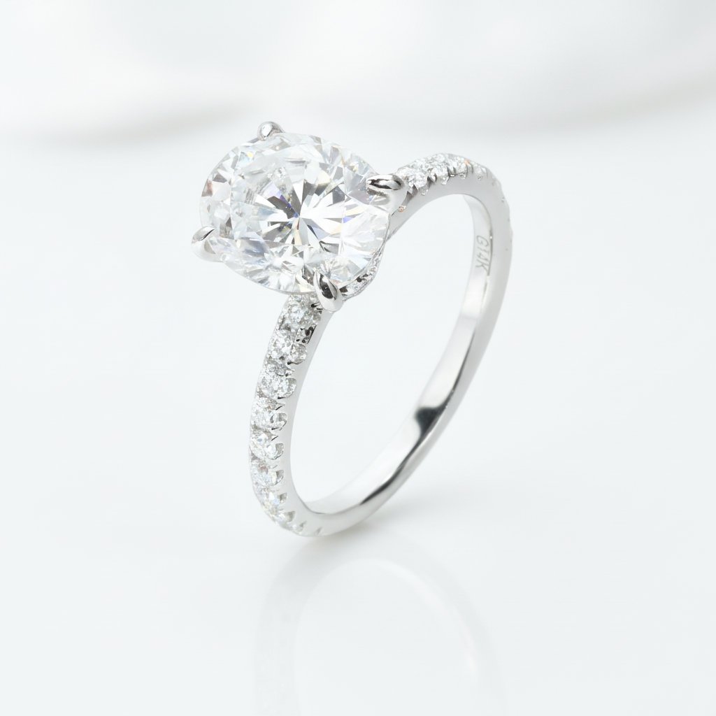14k White Gold 3ct Oval Cut Diamond Option Under Halo Engagement Ring-Black Diamonds New York