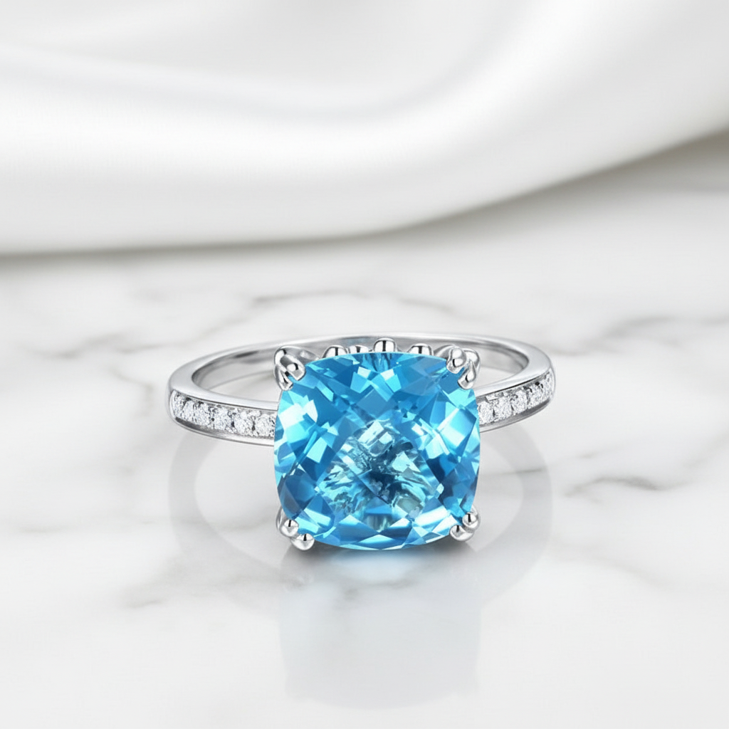 14k White Gold 4.5ct Cushion Swiss Blue Topaz Diamond Option-Black Diamonds New York