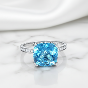 14k White Gold 4.5ct Cushion Swiss Blue Topaz Diamond Option-Black Diamonds New York