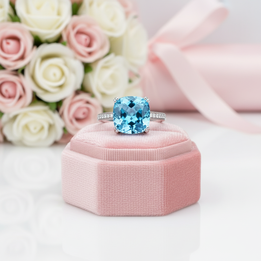 14k White Gold 4.5ct Cushion Swiss Blue Topaz Diamond Option-Black Diamonds New York