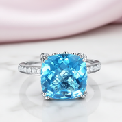 14k White Gold 4.5ct Cushion Swiss Blue Topaz Diamond Option-Black Diamonds New York