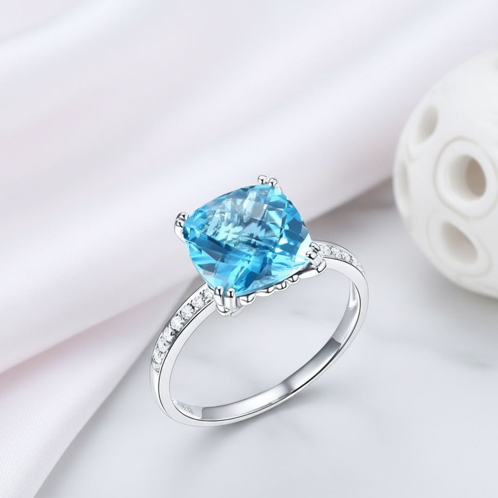 14k White Gold 4.5ct Cushion Swiss Blue Topaz Diamond Option-Black Diamonds New York