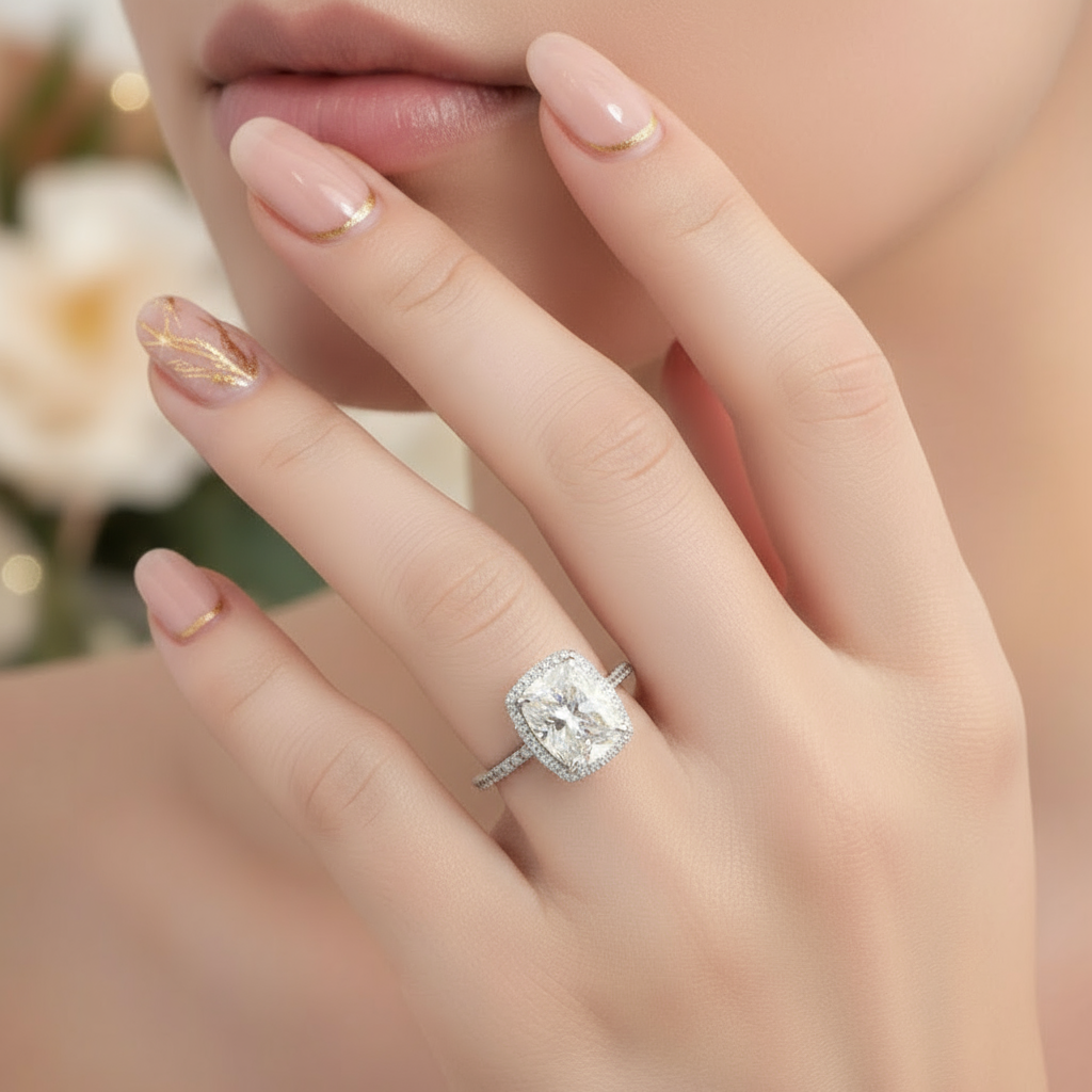 14k White Gold 4ct 8*10mm Cushion Cut Diamond Halo Engagement Ring-Black Diamonds New York