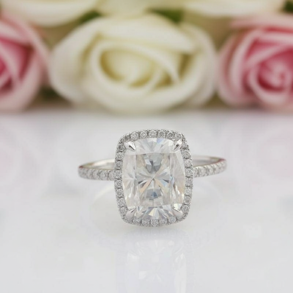 14k White Gold 4ct 8*10mm Cushion Cut Diamond Halo Engagement Ring-Black Diamonds New York