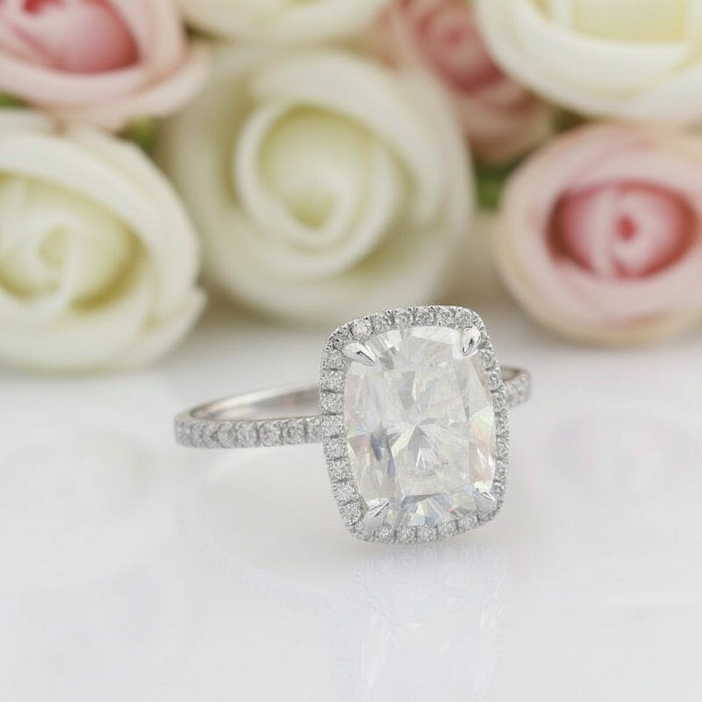 14k White Gold 4ct 8*10mm Cushion Cut Diamond Halo Engagement Ring-Black Diamonds New York