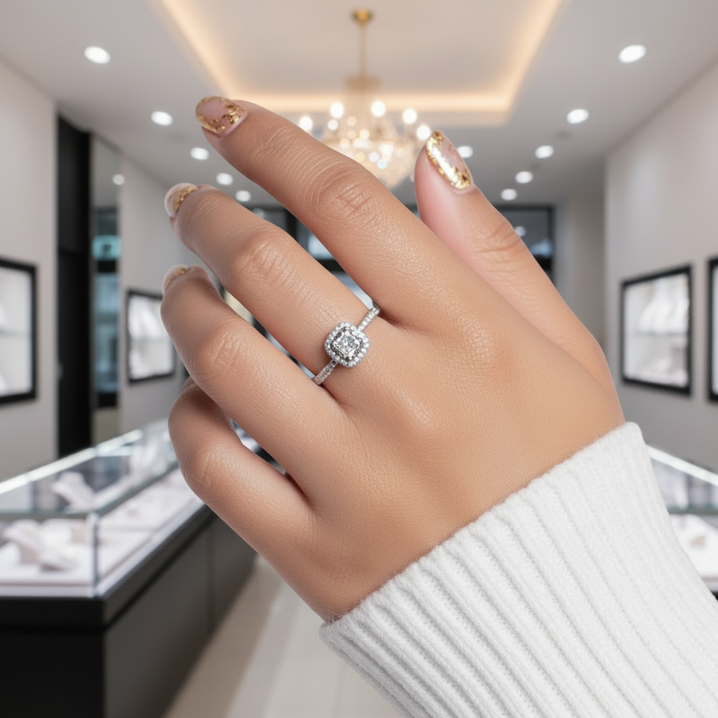 14k White Gold 4mm Princess Cut Diamond Option Halo Engagement Ring-Black Diamonds New York