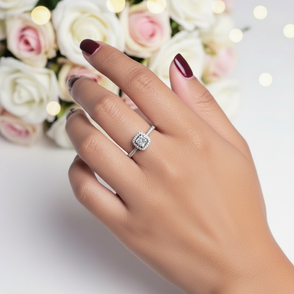 14k White Gold 4mm Princess Cut Diamond Halo Engagement Ring-Black Diamonds New York