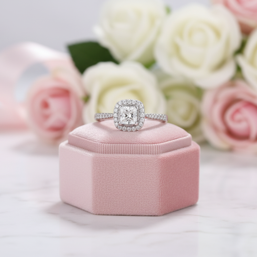 14k White Gold 4mm Princess Cut Diamond Option Halo Engagement Ring-Black Diamonds New York