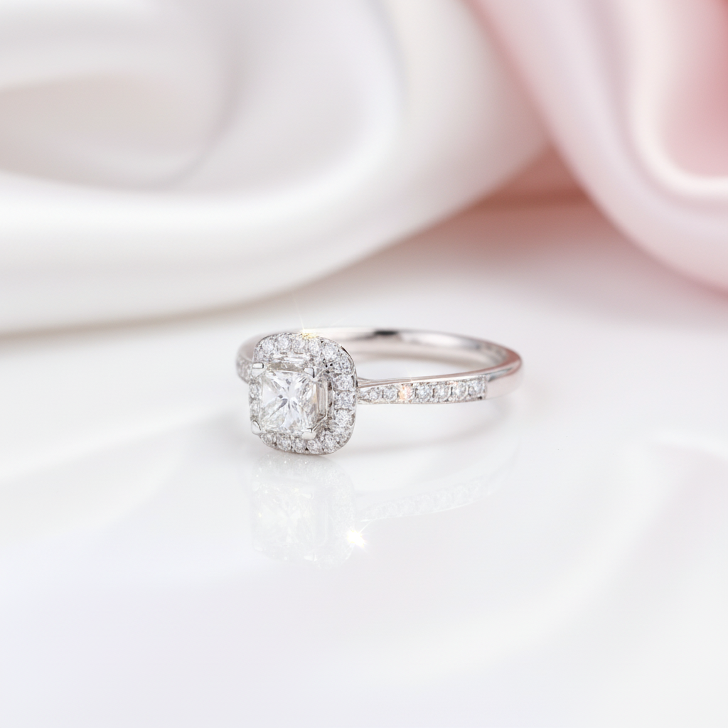 14k White Gold 4mm Princess Cut Diamond Option Halo Engagement Ring-Black Diamonds New York
