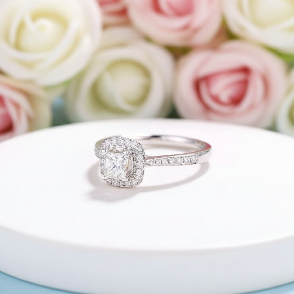 14k White Gold 4mm Princess Cut Diamond Halo Engagement Ring-Black Diamonds New York