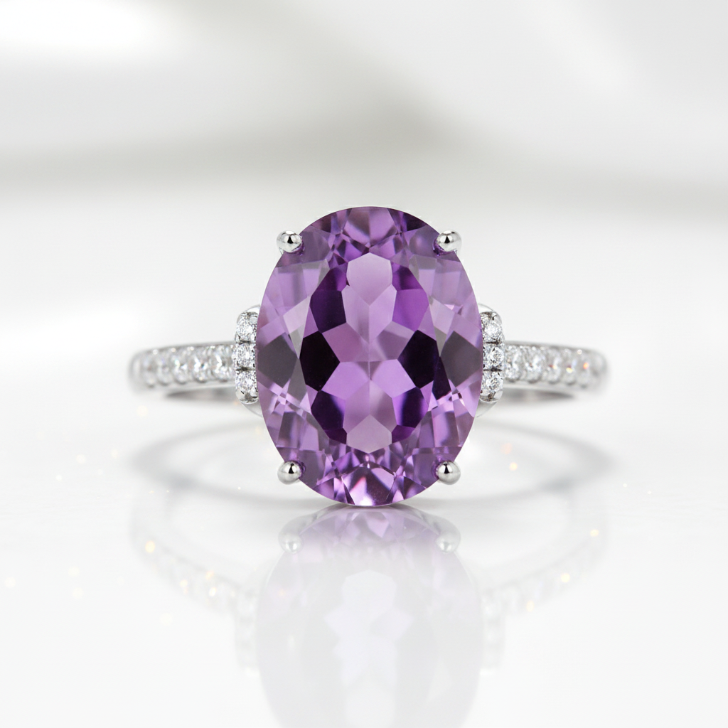 14k White Gold 5.75 Ct Oval Purple Amethyst 0.22 Ct Diamond Option-Black Diamonds New York