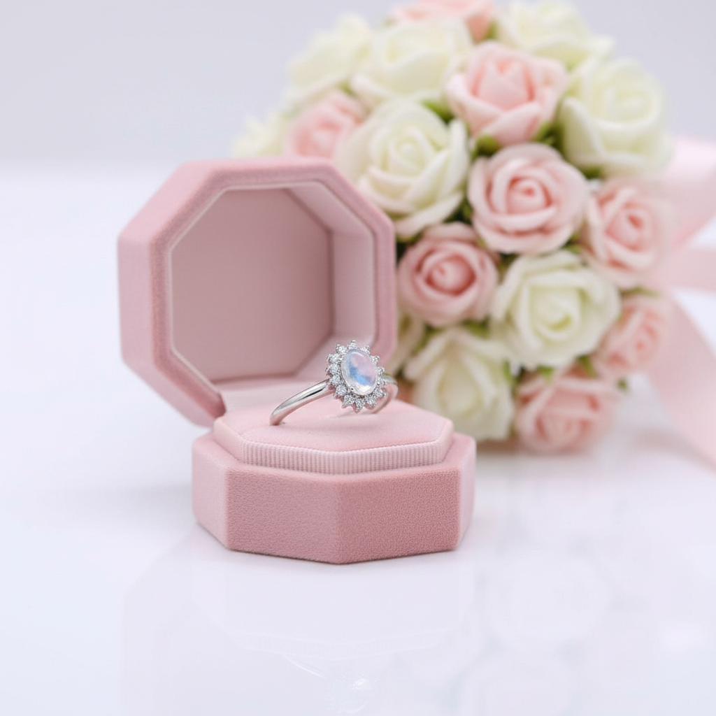 14k White Gold 5*7mm Oval Cut Moonstone Floral Halo Engagement-Black Diamonds New York