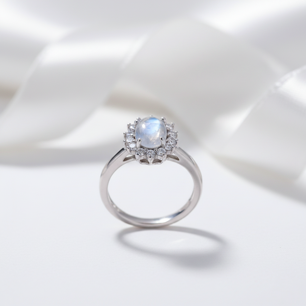 14k White Gold 5*7mm Oval Cut Moonstone Floral Halo Engagement-Black Diamonds New York