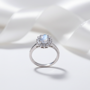 14k White Gold 5*7mm Oval Cut Moonstone Floral Halo Engagement-Black Diamonds New York