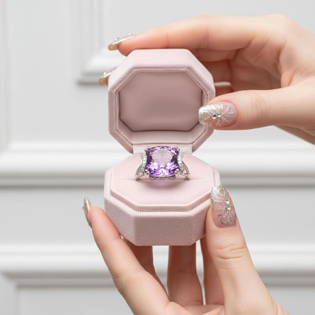 14k White Gold 6.4 Ct Cushion Purple Amethyst Diamond Option-Black Diamonds New York