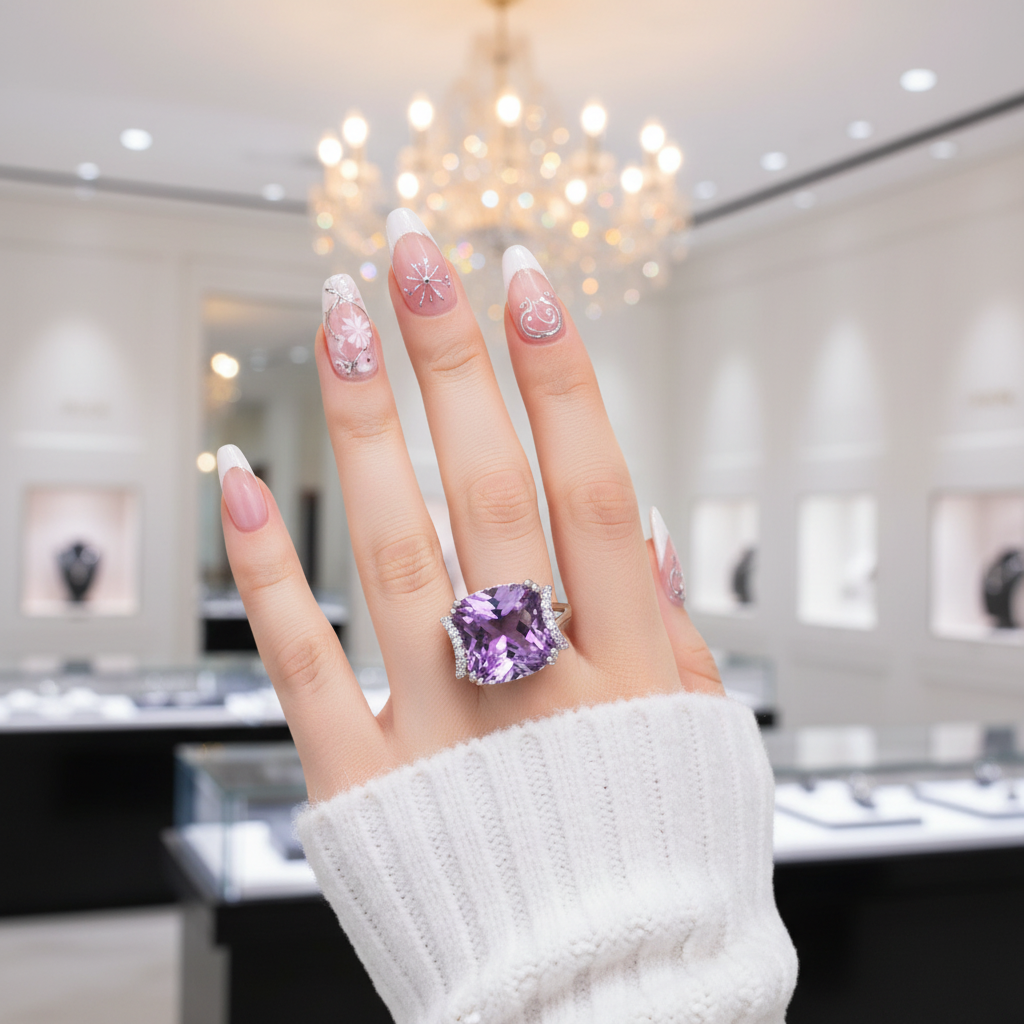 14k White Gold 6.4 Ct Cushion Purple Amethyst Diamond Option-Black Diamonds New York