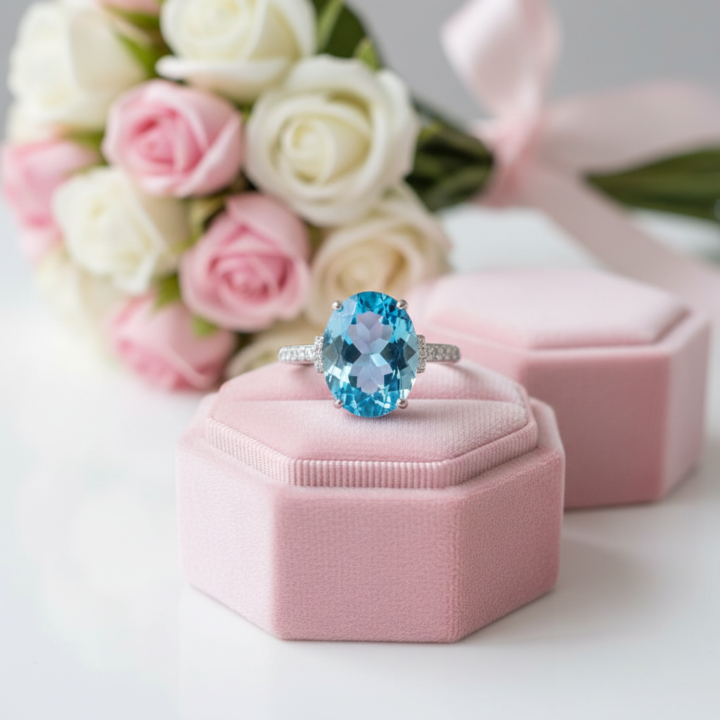 14K White Gold 6.5 Ct Oval Swiss Blue Topaz 0.22 Ct Diamond Option-Black Diamonds New York