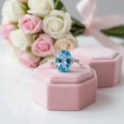 14K White Gold 6.5 Ct Oval Swiss Blue Topaz 0.22 Ct Diamond Option-Black Diamonds New York