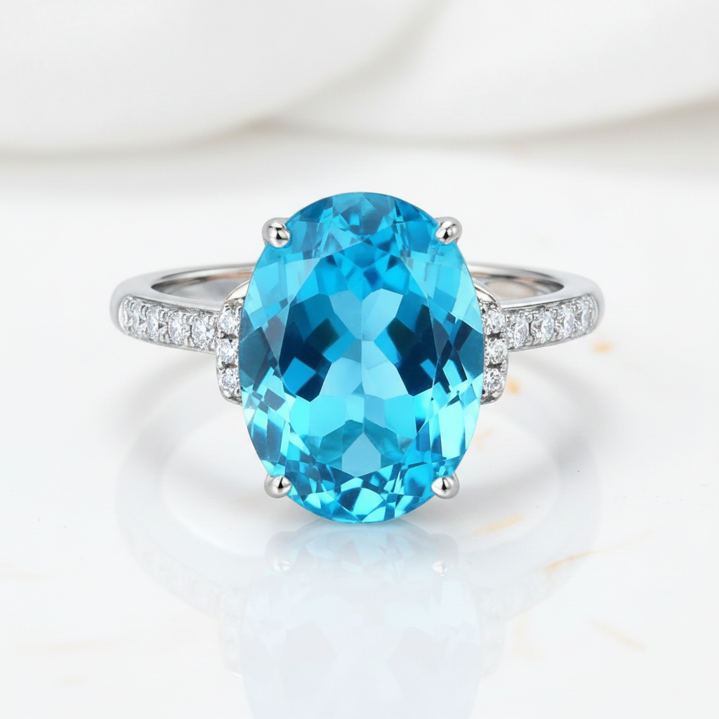 14K White Gold 6.5 Ct Oval Swiss Blue Topaz 0.22 Ct Diamond Option-Black Diamonds New York