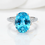 14K White Gold 6.5 Ct Oval Swiss Blue Topaz 0.22 Ct Diamond Option-Black Diamonds New York