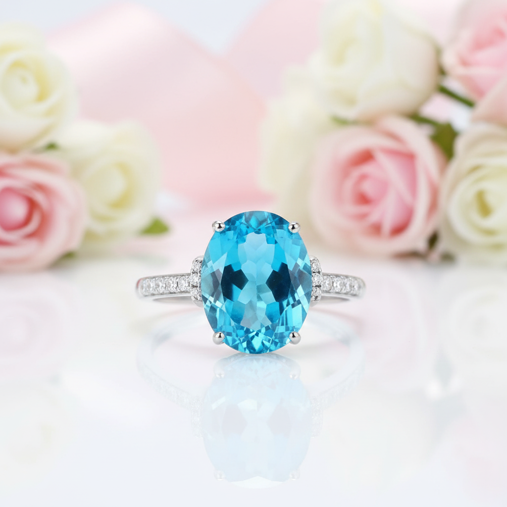 14K White Gold 6.5 Ct Oval Swiss Blue Topaz 0.22 Ct Diamond Option-Black Diamonds New York