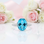 14K White Gold 6.5 Ct Oval Swiss Blue Topaz 0.22 Ct Diamond Option-Black Diamonds New York