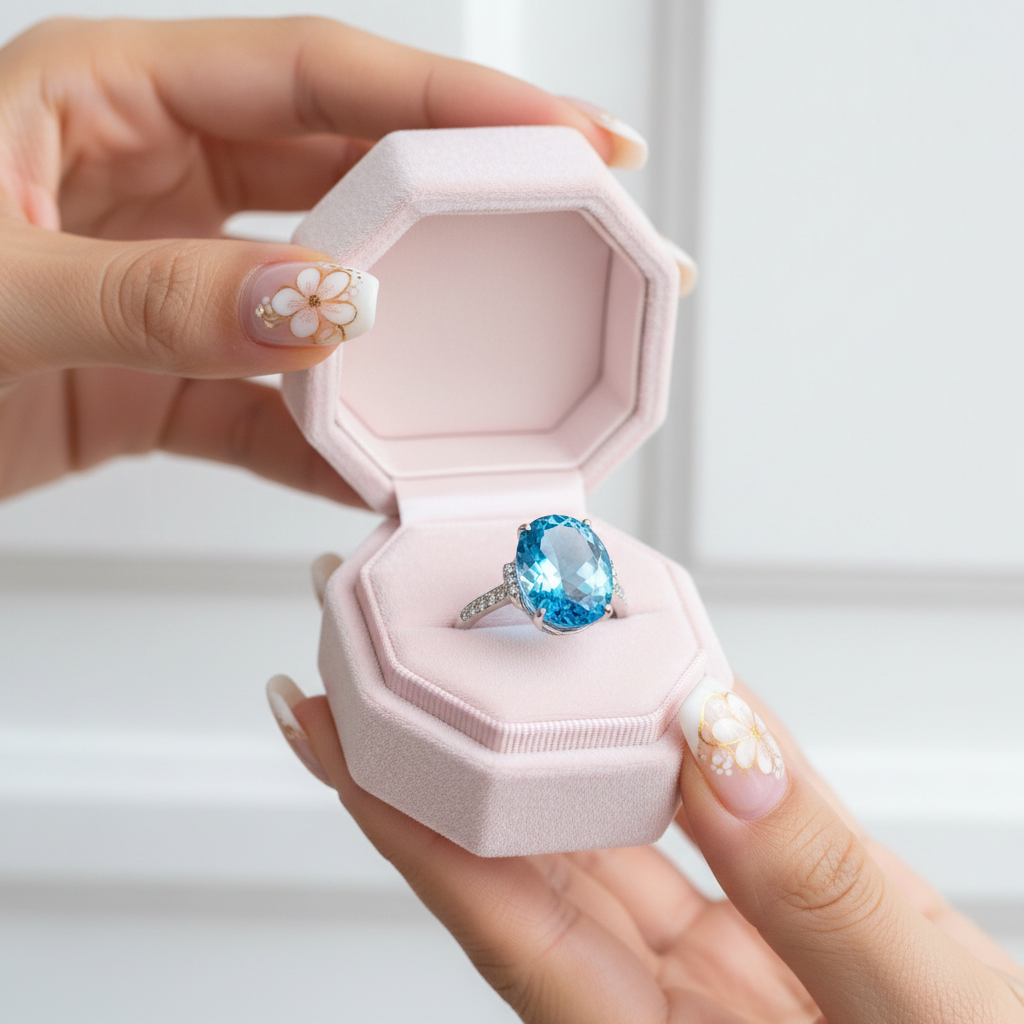 14K White Gold 6.5 Ct Oval Swiss Blue Topaz 0.22 Ct Diamond Option-Black Diamonds New York
