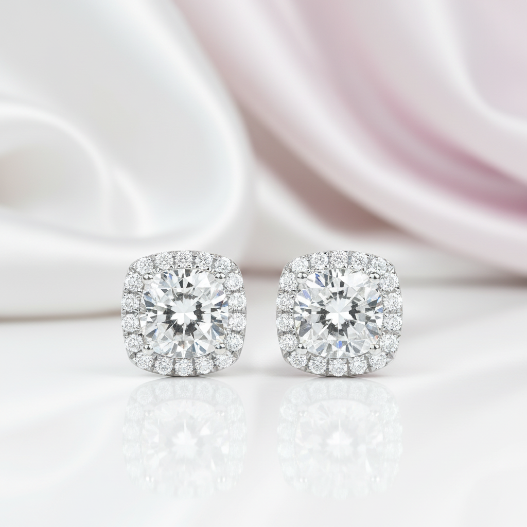14k White Gold 6mm Cushion Cut Diamond Option Halo Stud Earrings-Black Diamonds New York