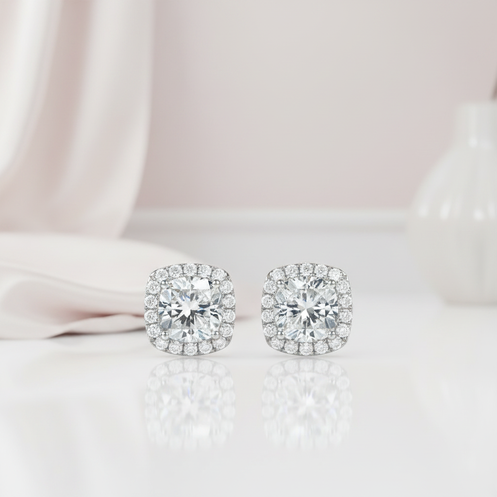 Pair of diamond stud earrings on a light pink background