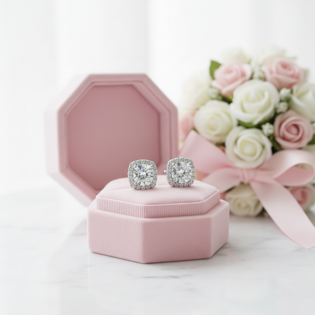 Silver earrings in a pink jewelry box with flowers in the background